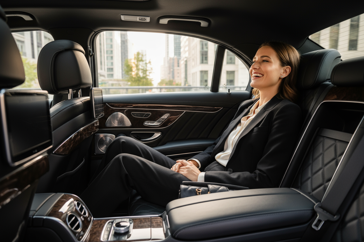 executive woman riding in a luxury schuffered car, make interior black, woman is happy for the ride