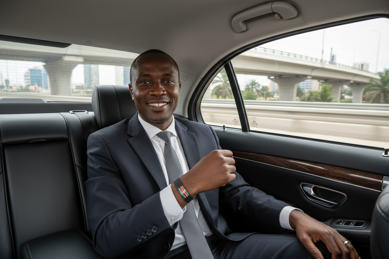 let the car be riding on the expressway, executive smiling at the camera with a kenyan colors wrist band