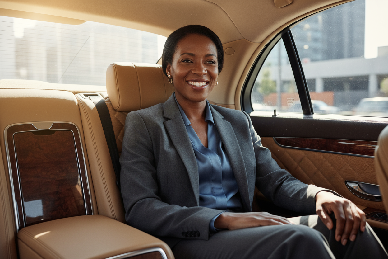 black woman executive riding in a luxury car, happy for the ride