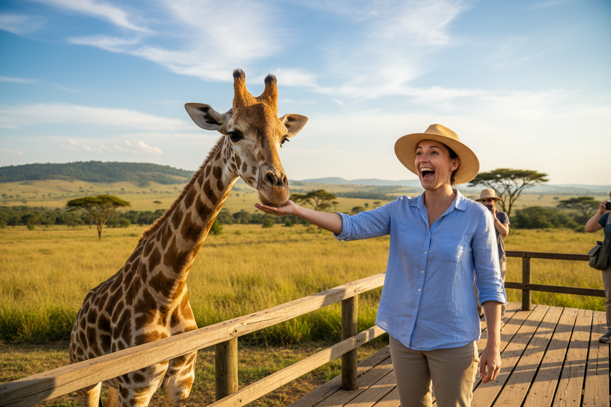 tourist having a good time at the giraffe centre in Nairobi