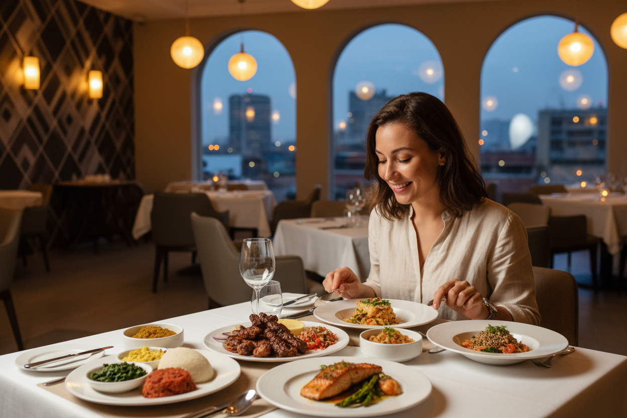 tourist indulging in local and international cuisine at Nairobi’s top restaurants.